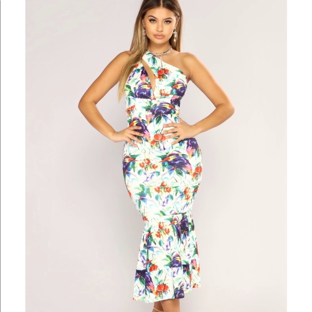 Tropical Midi One Shoulder Ruffle Hem Dress